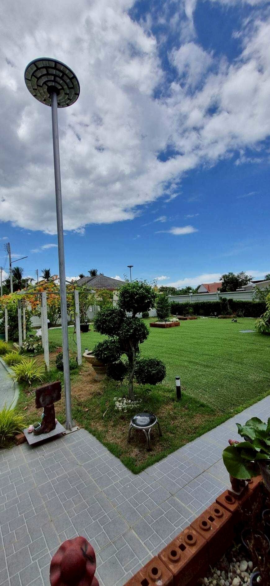 Un jardin aménagé avec un chemin pavé, un lampadaire et une variété de plantes et d’arbustes.