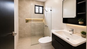 Ein modernes Badezimmer mit Duschkabine aus Glas, Toilette, Waschbecken mit Spiegel und einer kleinen Ablagefläche mit einer Pflanze.