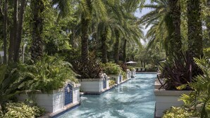 Une piscine entourée d’une végétation luxuriante et de palmiers.
