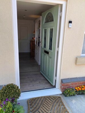 A green door with a window, a doormat, and potted plants outside.