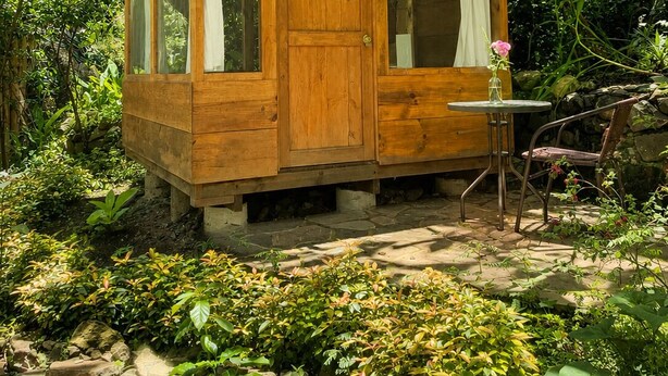 Una cabaña de madera con una sola puerta y ventanas, rodeada de abundante vegetación.