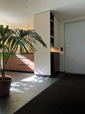 Ein modernes Interieur mit einem Blumentopf, einem weißen Schrank und einer geschlossenen Tür.