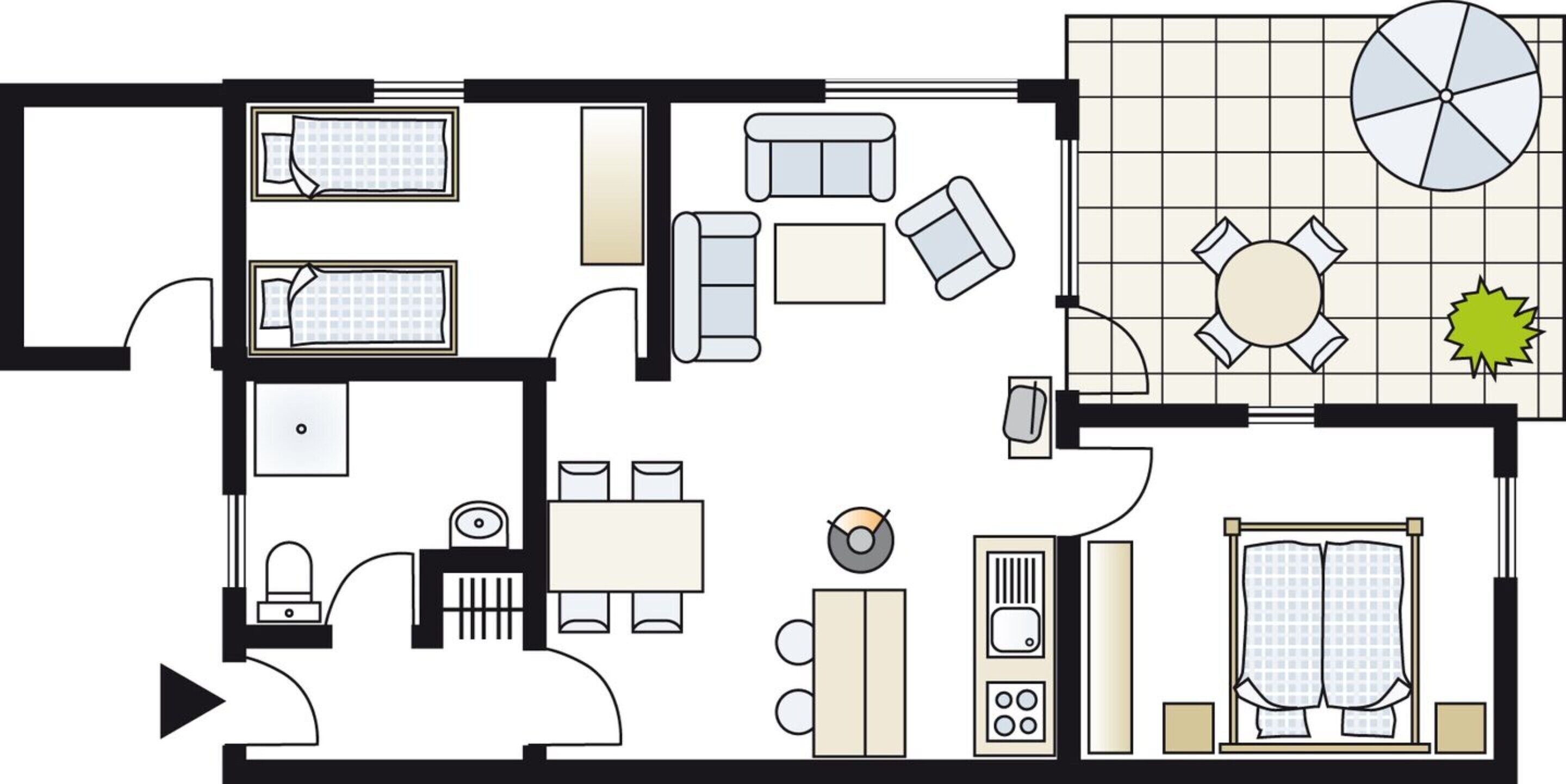 A hotel room layout with a bed, a desk, a chair, a small table, a sofa, a TV, a bathroom, and a dining area with a table and chairs.