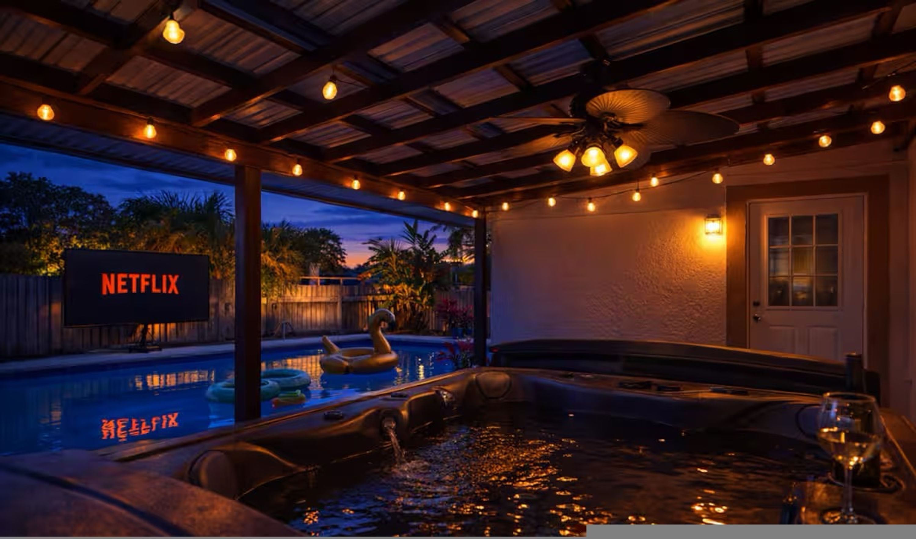A hot tub area with a pool visible through a glass partition, a ceiling fan, and a sign that reads 'NETFLIX'.