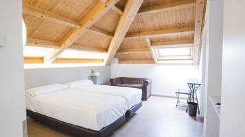 A bedroom with a large bed, a chair, a small table, and a skylight.