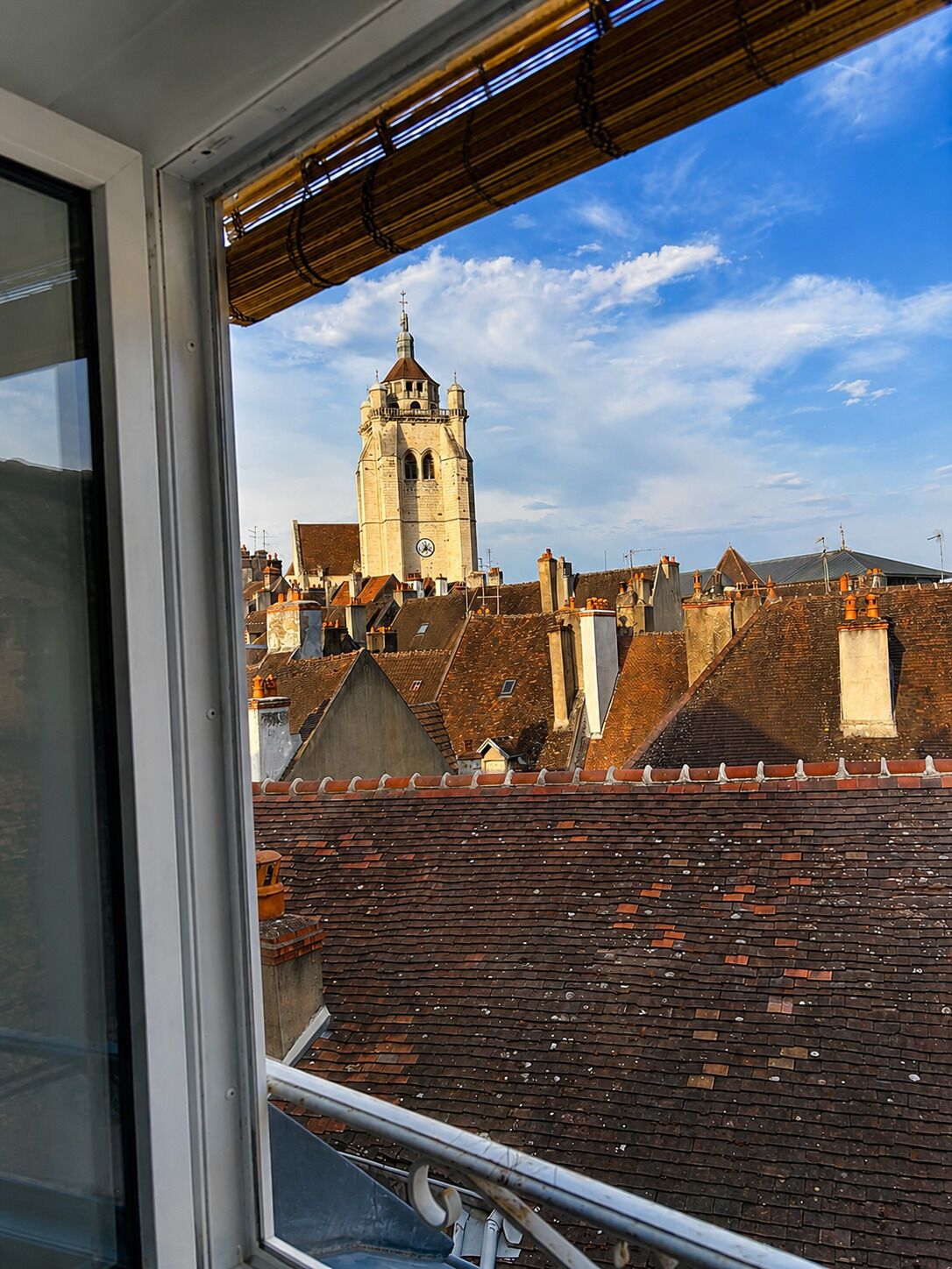 Vista de un paisaje urbano con una torre destacada y diversas cubiertas.