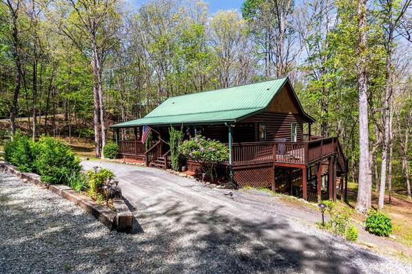 Une cabane dotée d’un toit végétalisé, d’une terrasse en bois et d’un porche.