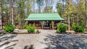 A cabin with a green roof, surrounded by trees, and a gravel driveway. - 5 min to Aska Adventure area! Hot Tub + Fireplace, Dog Friendly, Fire pit (Blue Ridge)