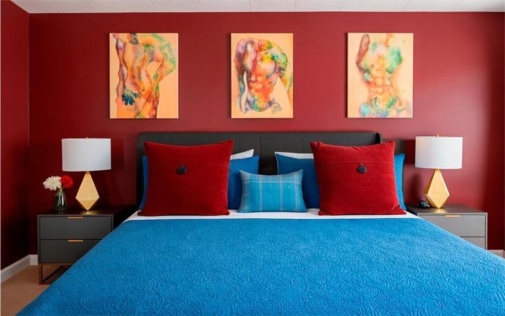 Un dormitorio con cama, almohadas rojas y azules, dos mesitas de noche con lámparas y tres cuadros abstractos en la pared.