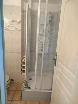 Een douche, handdoeken, zeep, toiletpapier