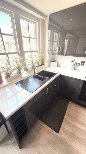 A modern kitchen with a built-in stove, a sink, and a countertop. There are potted plants on the windowsill and a coffee maker on the counter. - Marble Arch Elevator Ac - 3 Bedroom Apartment (London)
