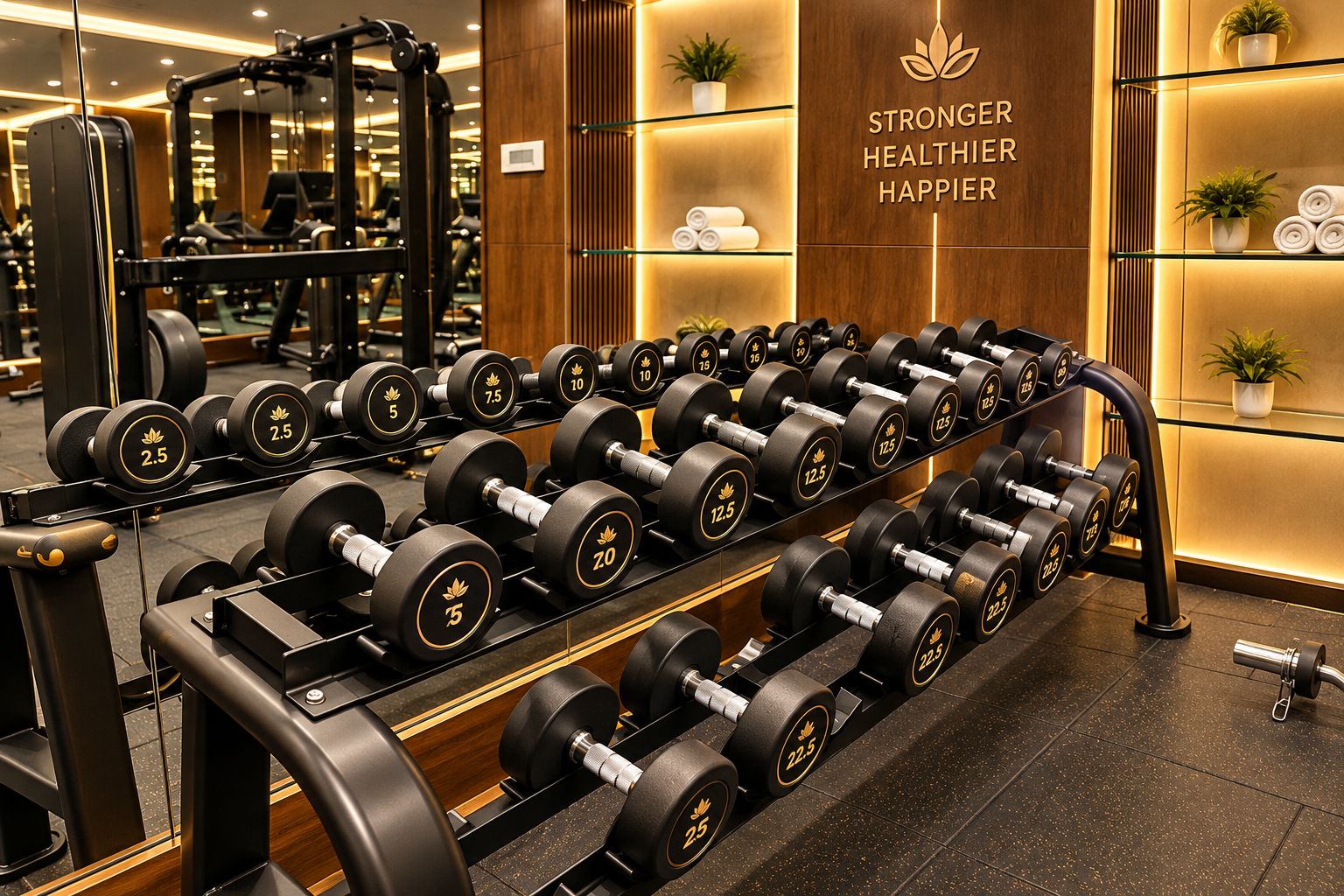 A gym with weightlifting equipment, including dumbbells and barbells, and a motivational slogan on the wall.