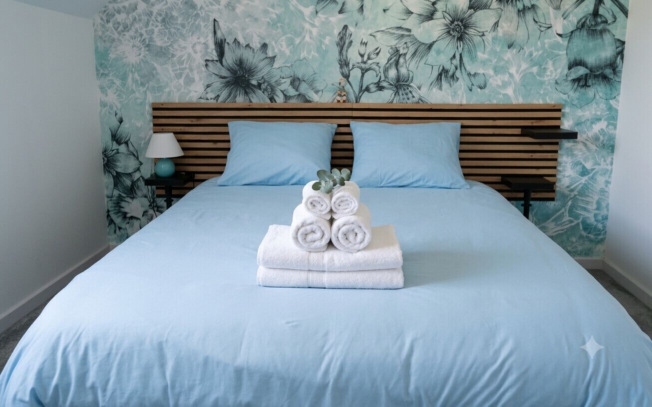 Un lit bien fait, avec une couvre-lit bleue et deux oreillers, une tête de lit en bois et un papier peint à motifs floraux.
