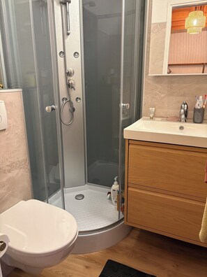 A bathroom with a glass-enclosed shower, a toilet, and a wooden vanity with a sink. - Studio with sea view, terrace and shared pool (Sainte-Maxime)