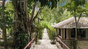 Un chemin de pierres mène à un bâtiment dont le toit est recouvert de chaume, le tout étant entouré d’une végétation luxuriante et d’arbres.