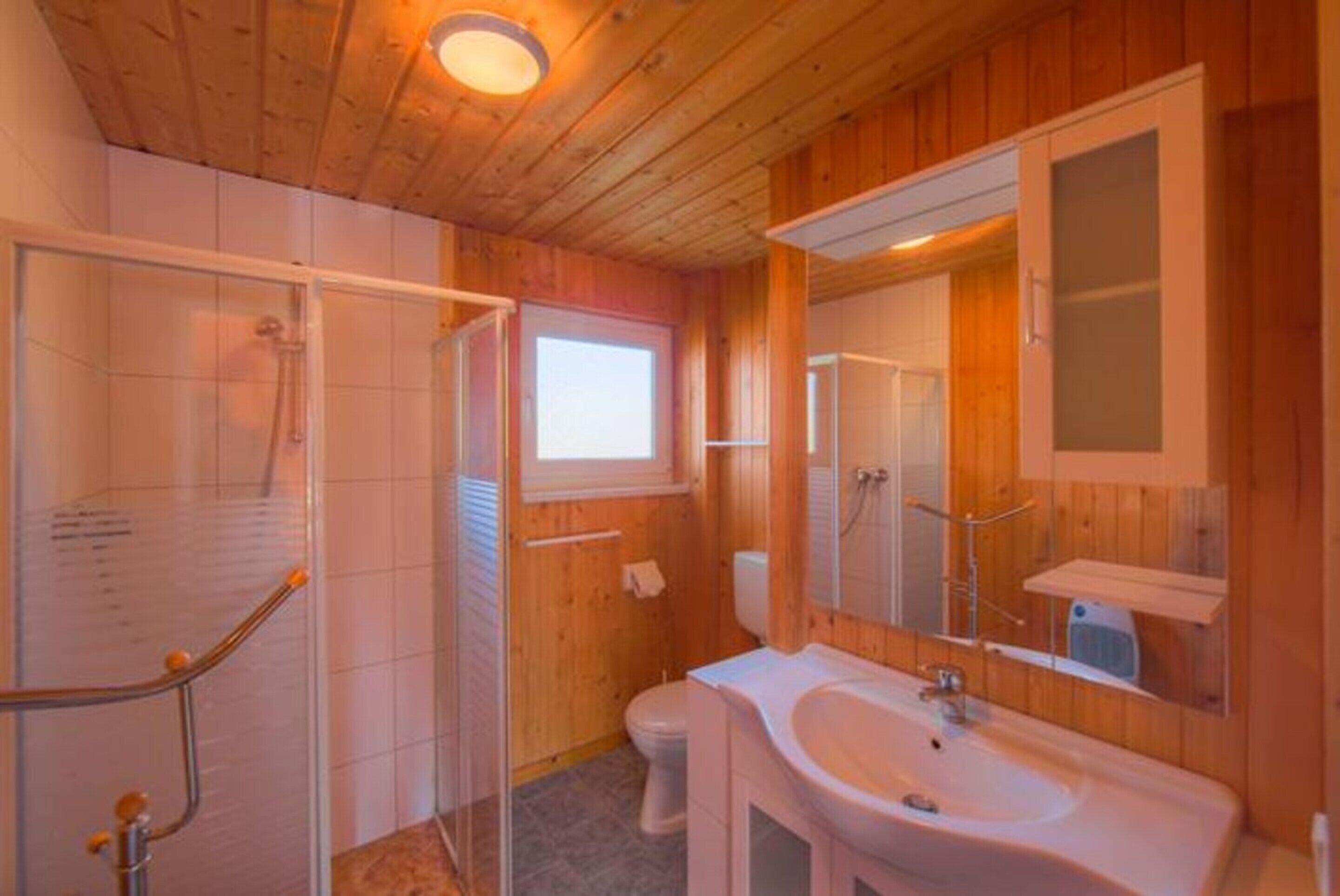 Un bagno con doccia, WC, lavandino e specchio.