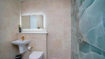 Shower, free toiletries, hair dryer, towels