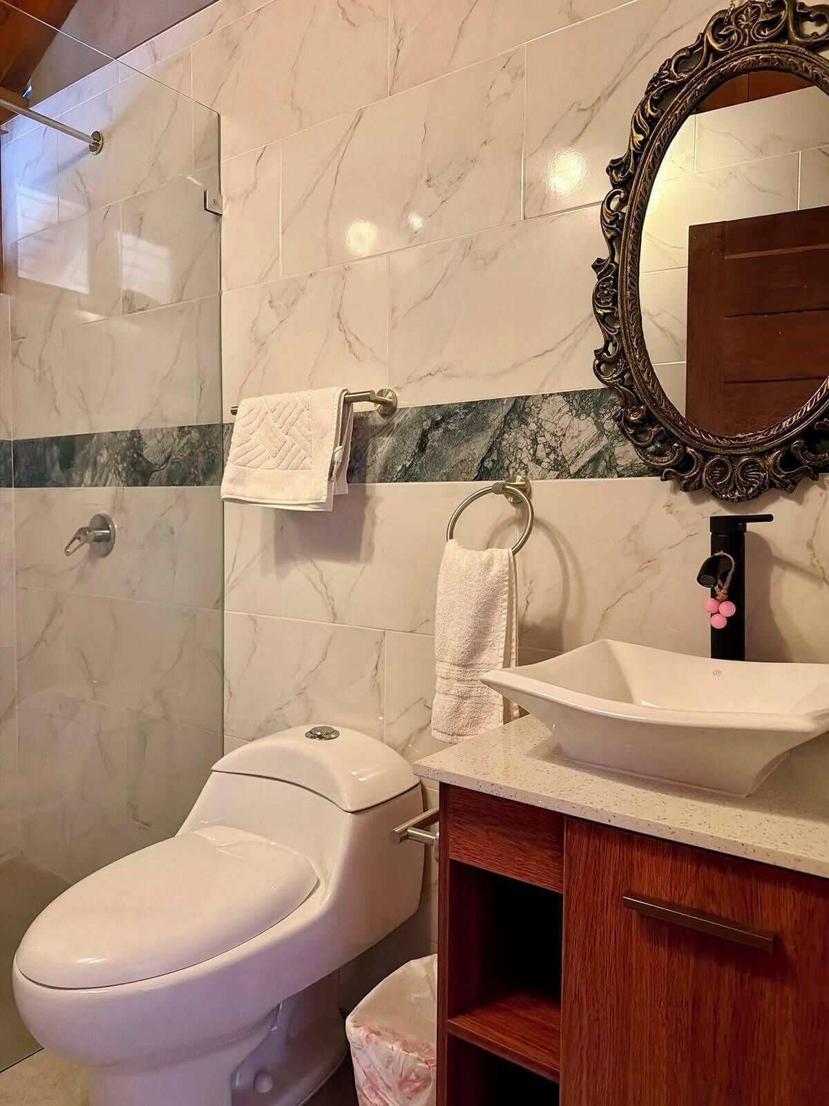 Hair dryer, towels, soap, toilet paper