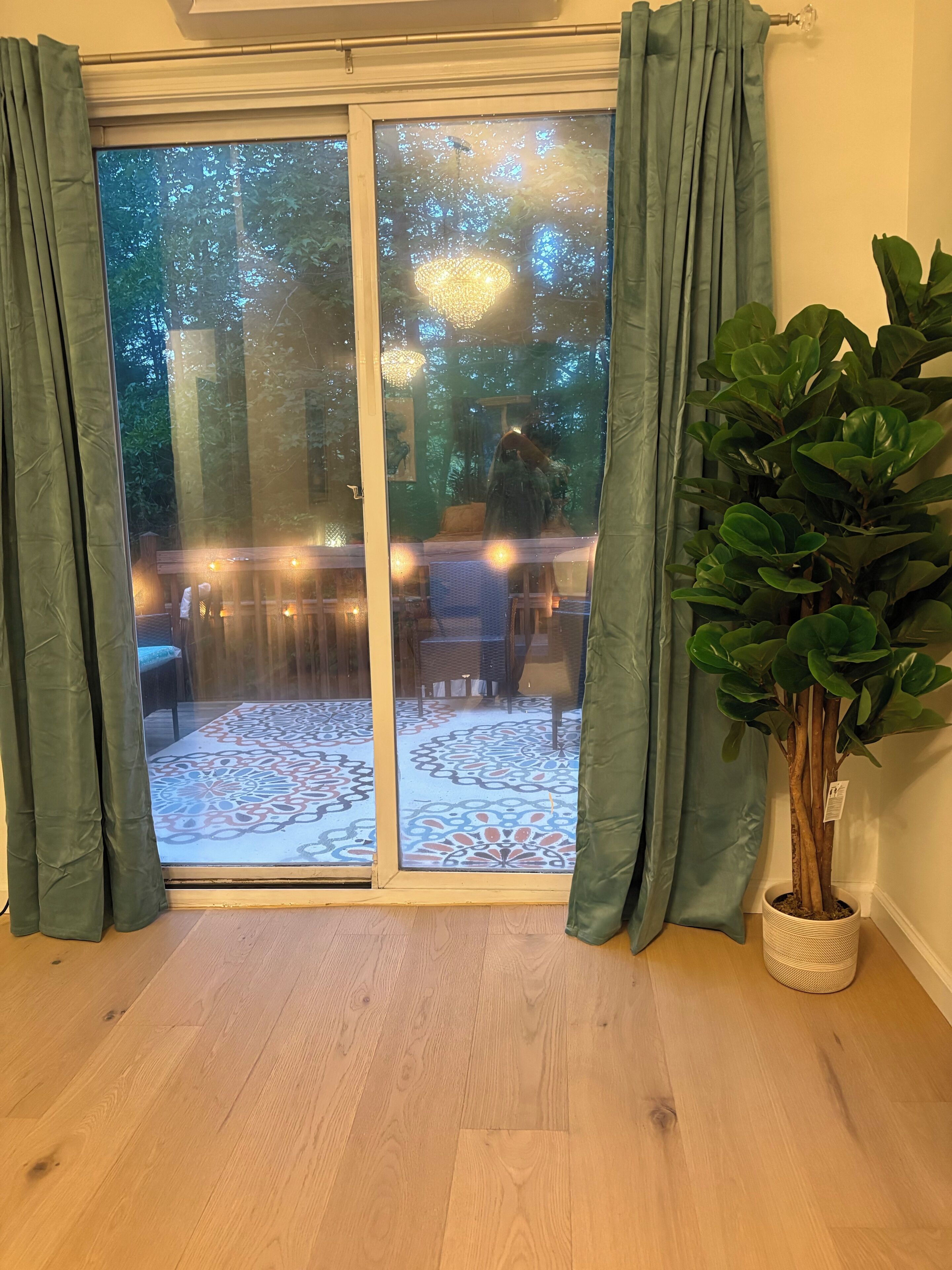 A room with a sliding glass door leading to an outdoor patio, a potted plant, and a patterned floor.