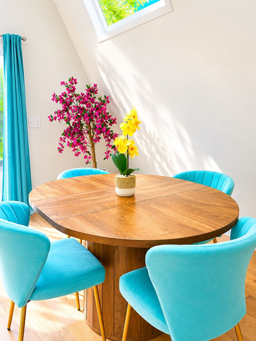 A round wooden table with a vase of flowers, surrounded by six turquoise chairs.