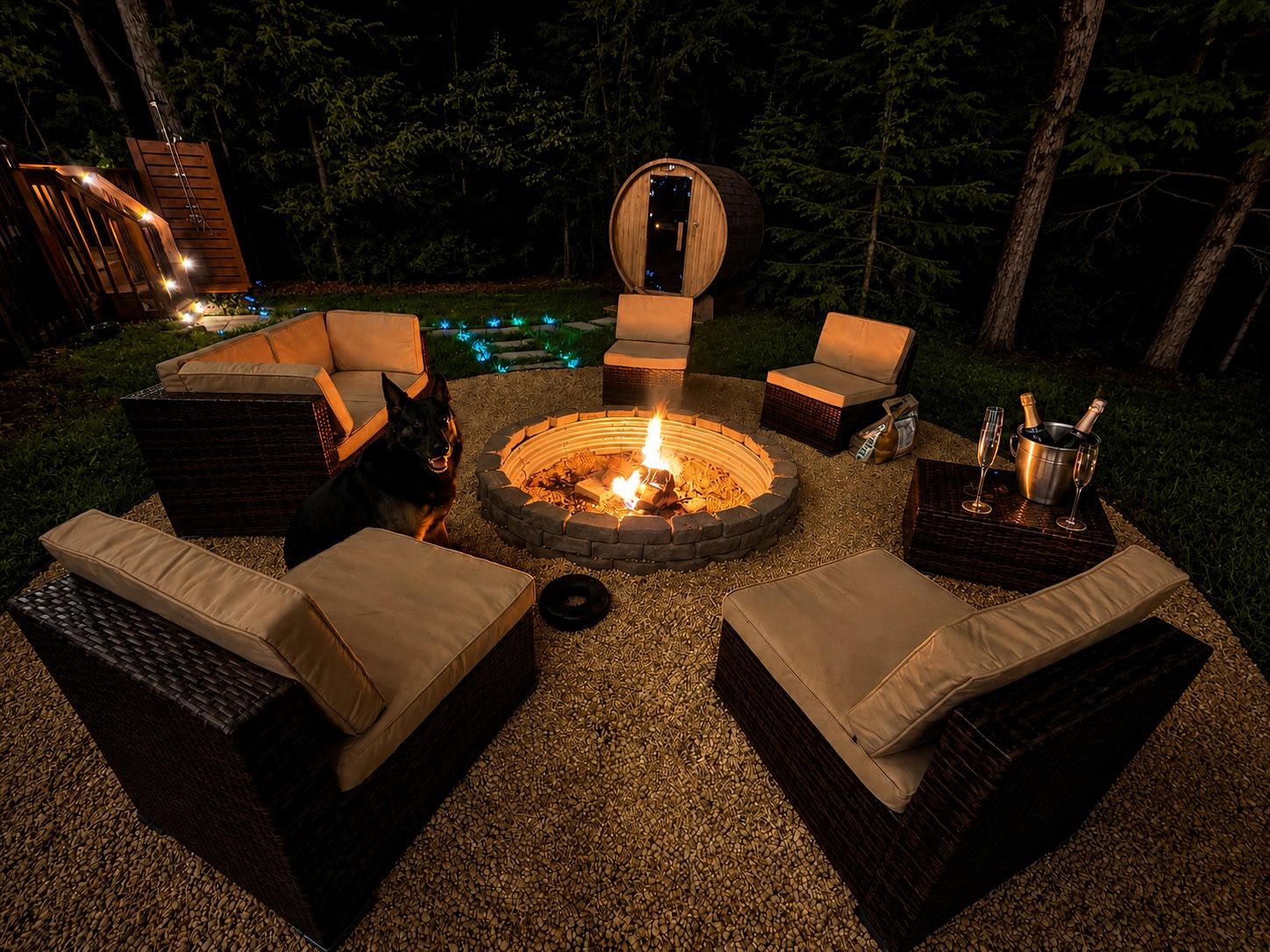 An outdoor seating area with a fire pit, surrounded by wicker furniture and a dog.