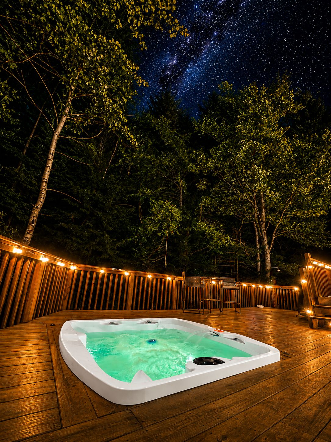 Un bain à remous sur une terrasse en bois, avec vue sur le ciel nocturne.