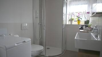 Dusche, Haartrockner, Handtücher, Seife
