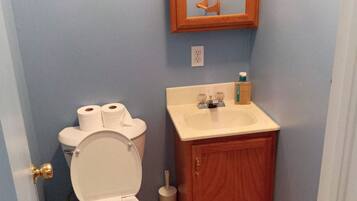 Hair dryer, towels, soap, shampoo