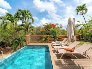 A pool with lounge chairs and umbrellas, surrounded by palm trees and a wooden deck. - Villa Belle infinity pool and unique charm featuring 3 air-conditioned bedrooms (Grand-Bourg)