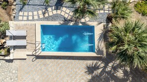 Ein rechteckiger Swimmingpool mit einer Fliesenleiste, umgeben von einem Kiesweg und Palmen.