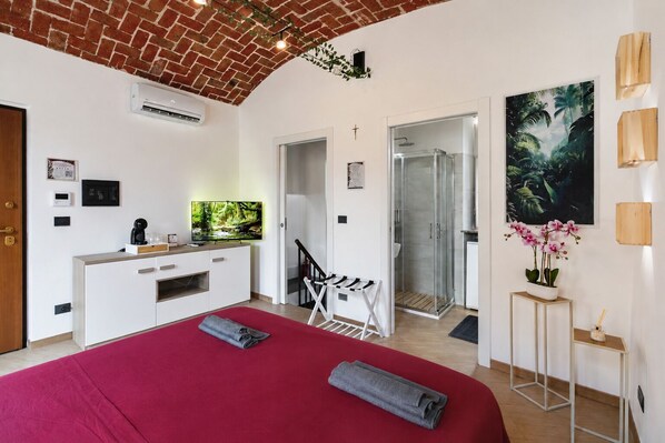 Habitación de hotel con una cama grande, televisión, ducha y un pequeño balcón.
