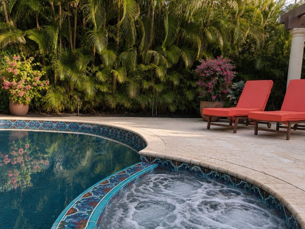 Una piscina con borde de azulejos, rodeada de exuberante follaje y sillones rojos.