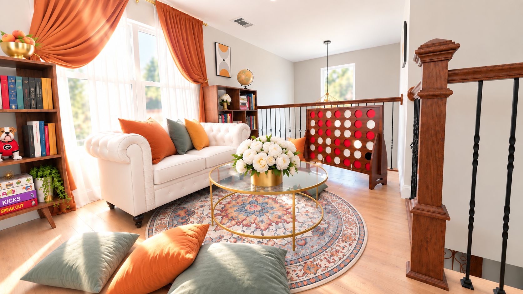 A living room with a white sofa, a round coffee table, and a patterned rug. There is a bookshelf with books and decorative items, and a staircase with a wooden railing.