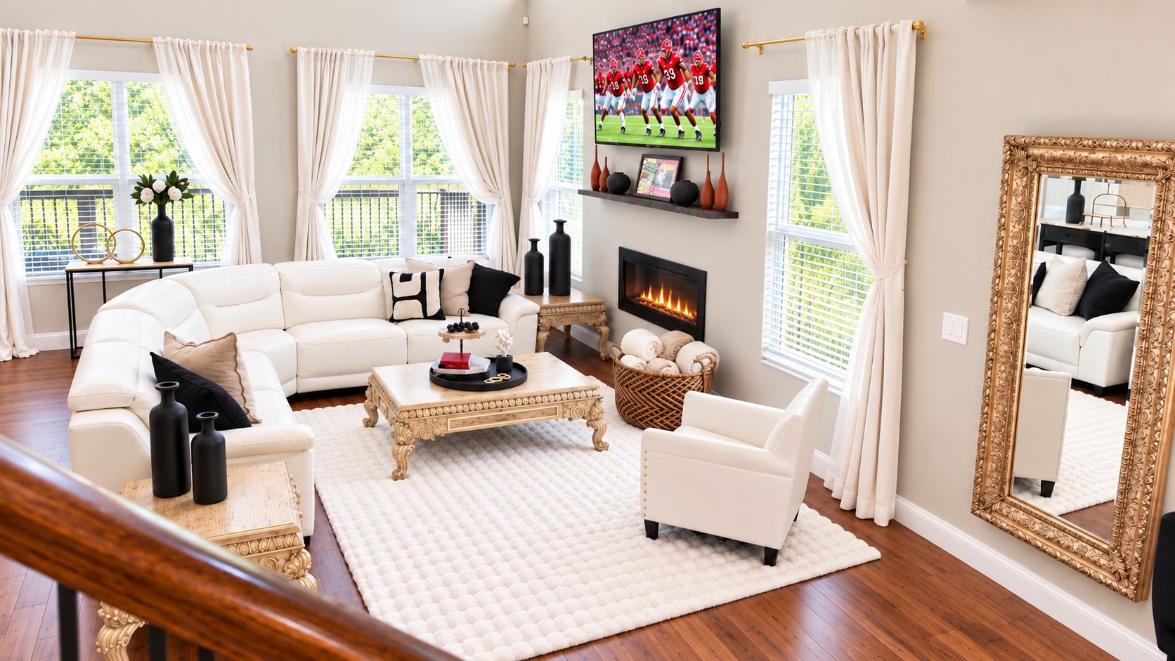 A living room with a white sofa, a coffee table, a fireplace, and a large mirror.