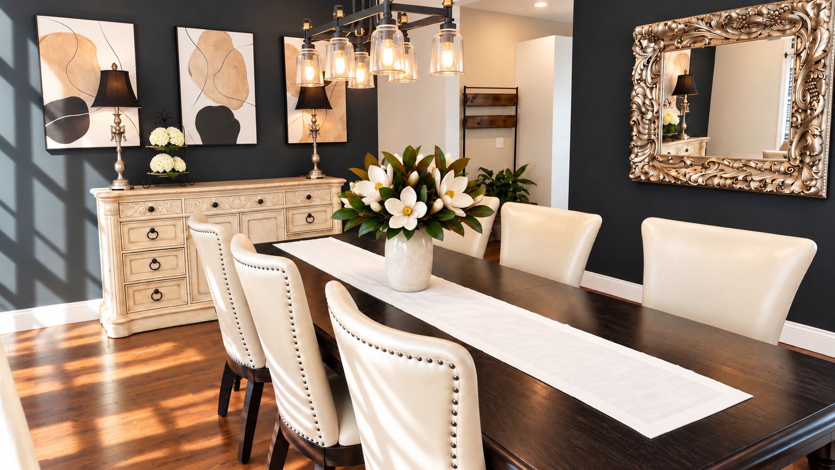 A dining room with a dark wooden table, white upholstered chairs, and a vase with white flowers.
