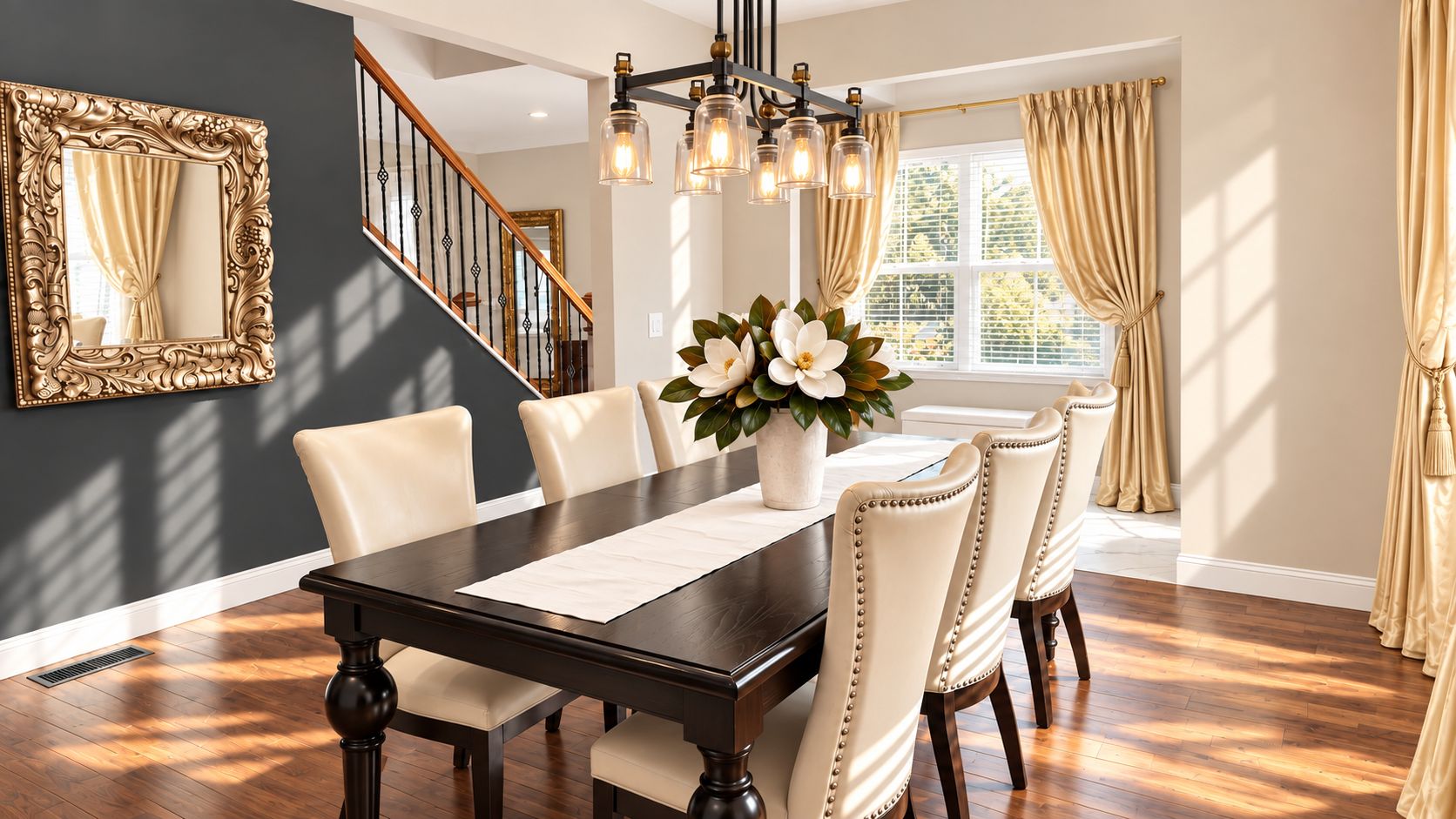 A dining room with a dark wooden table, white upholstered chairs, a vase with flowers, and a chandelier.