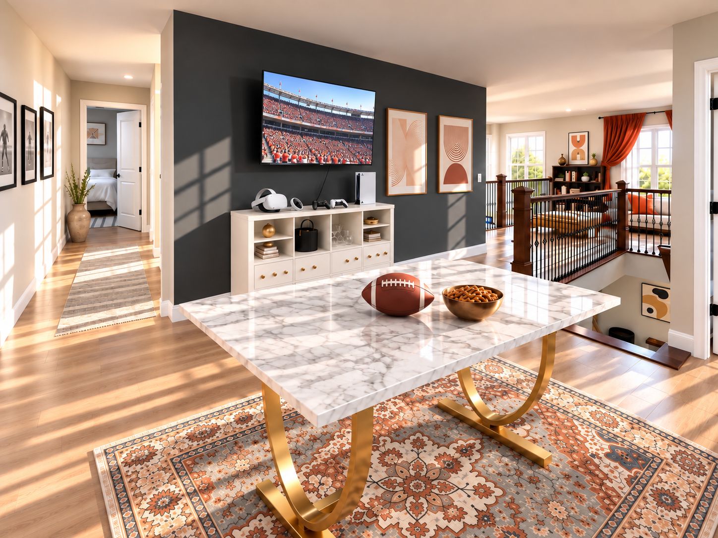 Un salon moderne avec une table en marbre, un téléviseur fixé au mur et une vue sur un stade par une porte ouverte.