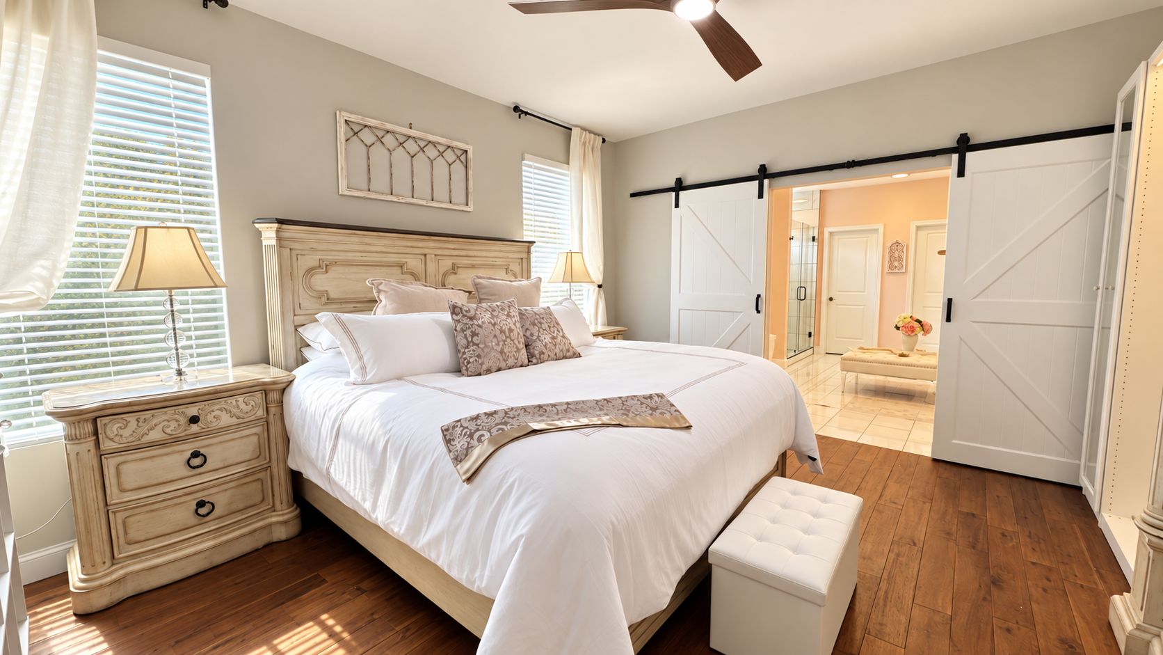A bedroom with a bed, bedside tables, a bench, a ceiling fan, and a sliding door leading to another room.