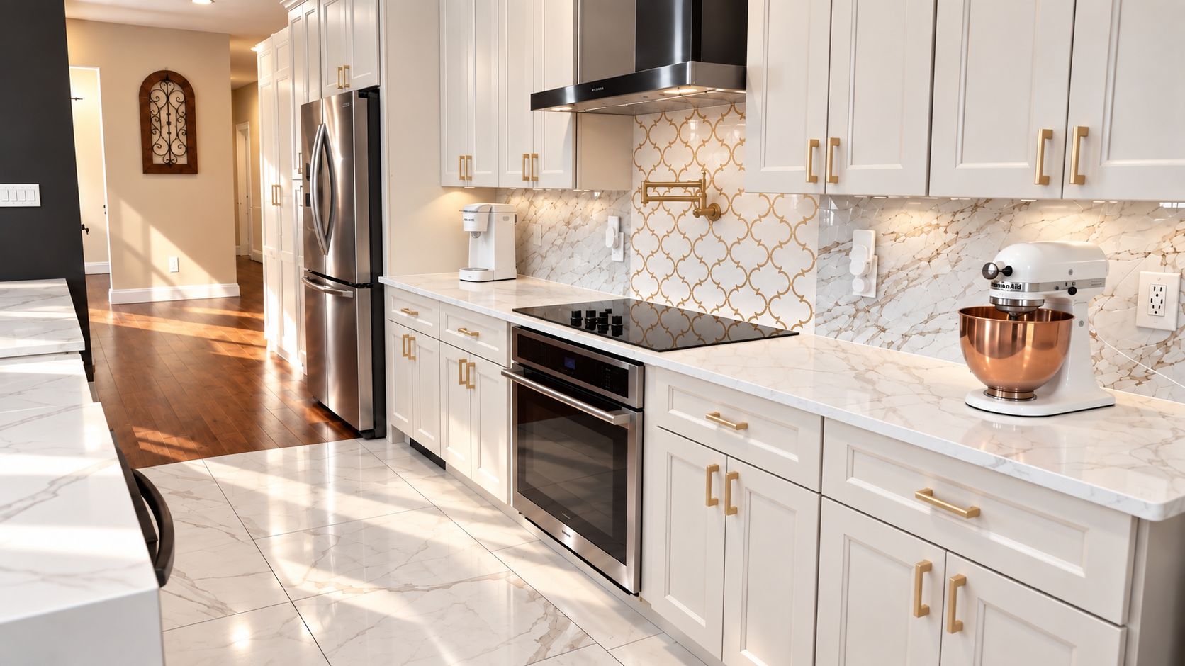A modern kitchen with white cabinetry, stainless steel appliances, and a marble countertop.