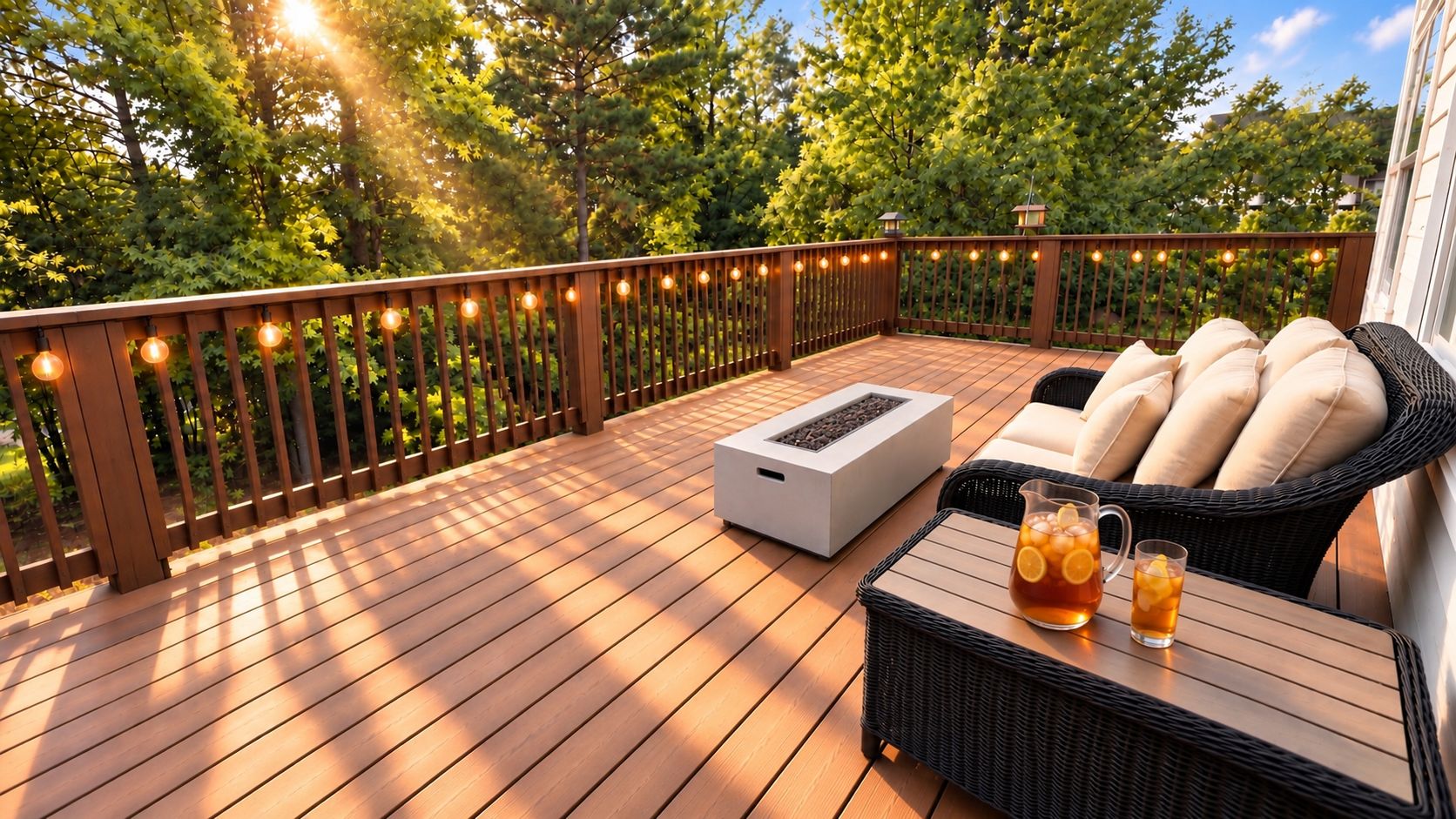Une terrasse en bois avec un canapé et une table, entourée d’une clôture en bois et illuminée de guirlandes lumineuses.