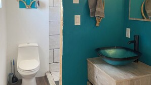 A bathroom with a white toilet, a teal wall, a wooden vanity, a sink, and a mirror.