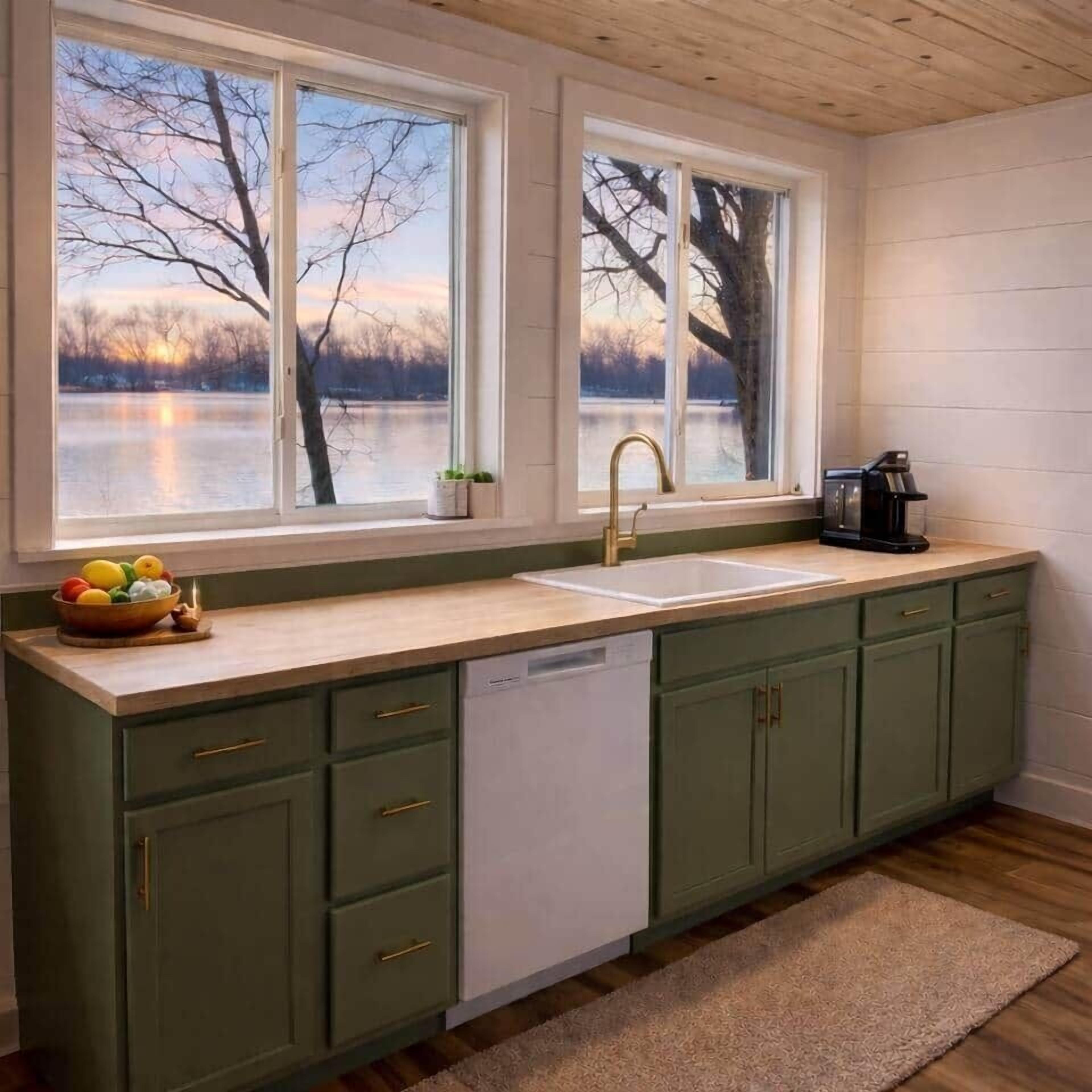Cocina con un amplio ventanal, un lavaplatos y un lavavajillas.