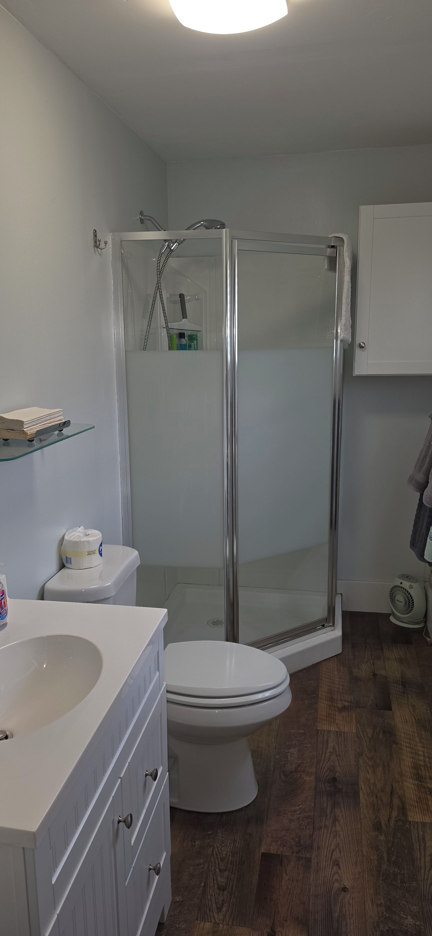 A bathroom with a glass-enclosed shower, a white toilet, and a white sink with a mirror.