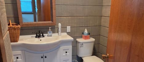 A bathroom with a white sink, a mirror, a toilet, and a wooden door.