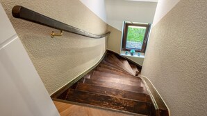 A wooden staircase with a handrail, carpeted walls, and a small window with a view of greenery.