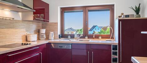 A modern kitchen with a built-in dishwasher, a coffee maker, and a window overlooking a residential area.