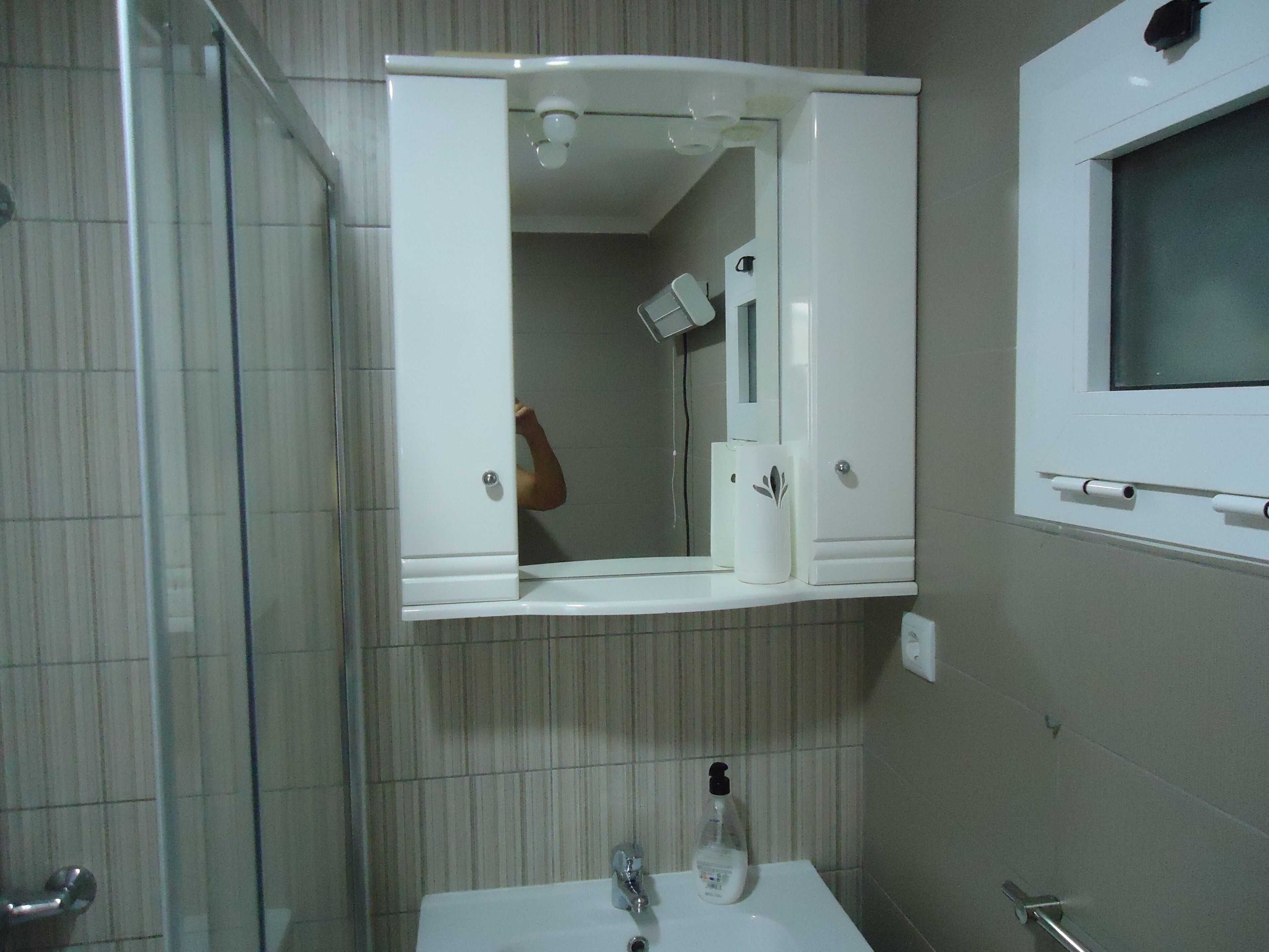 Une salle de bain équipée d’un meuble à miroir, d’un lavabo et d’un espace douche.