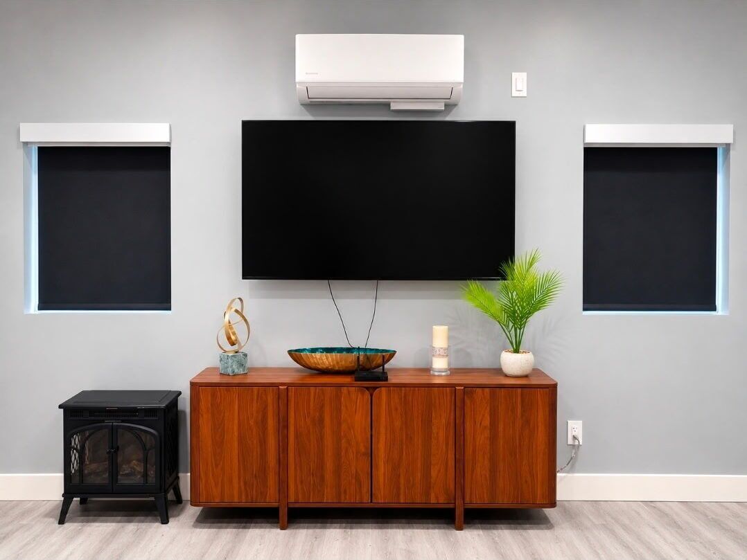 Ein modernes Wohnzimmer mit einem an der Wand befestigten Flachbildfernseher, einem Holzkasten mit Dekoration und einem kleinen schwarzen Heizgerät.