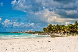 A beach with white sand, ocean waves, and palm trees. - Luxury 3BR Condo at Aflora in Aldea Zama (Tulum)