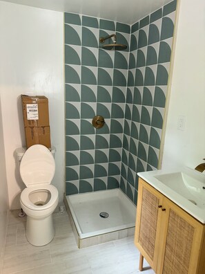 Ducha, secador de pelo, toallas y jabón